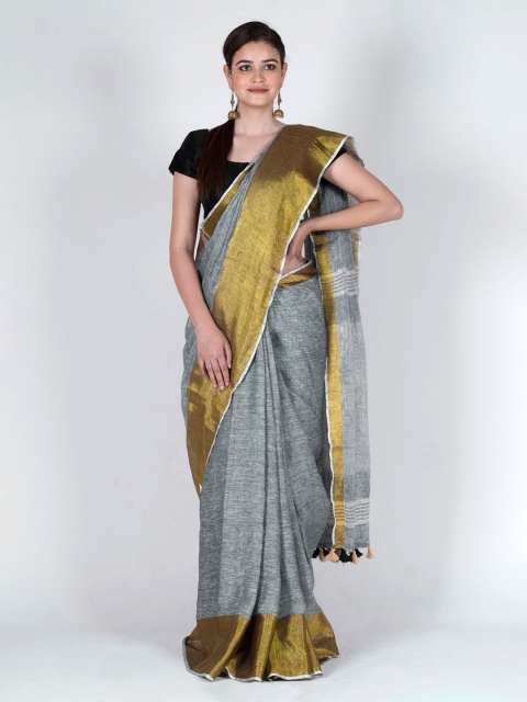 

BharatSthali Grey Solid Pure Linen Bhagalpuri Saree