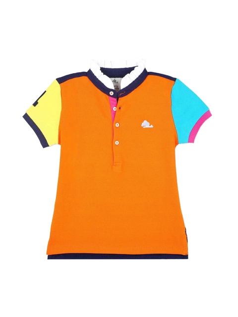

Cherry Crumble Girls Orange Colourblocked Mandarin Collar T-shirt