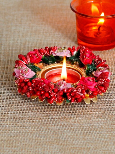 

eCraftIndia Red and Pink Decorative Handcrafted Floral Tea Light Holder