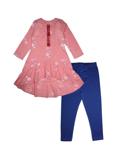 

KiddoPanti Girls Pink & Blue Printed Kurti with Churidar