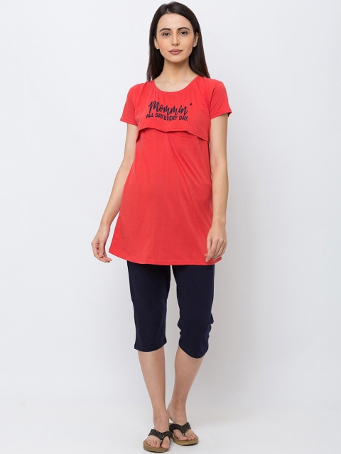 

MomToBe Women Red & Navy Blue Solid Maternity & Feeding Night suit
