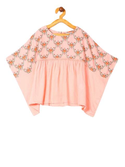 

Cherokee Girls Coral Orange & Green Floral Printed Kaftan Top