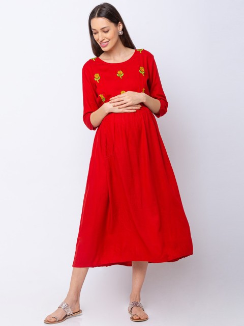 

MomToBe Women Red Embroidered Maternity Fit and Flare Dress