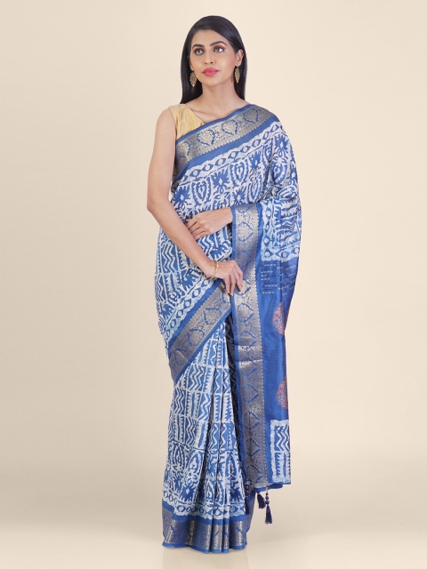 

Hastakala Blue & White Silk Blend Printed Handoom Saree