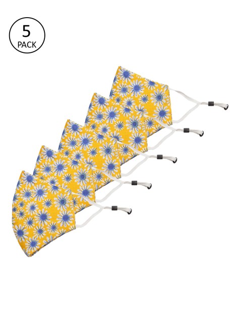 

Secret Wish 5 Pcs Yellow & Blue Floral Printed Reusable 3-Ply Cloth Masks