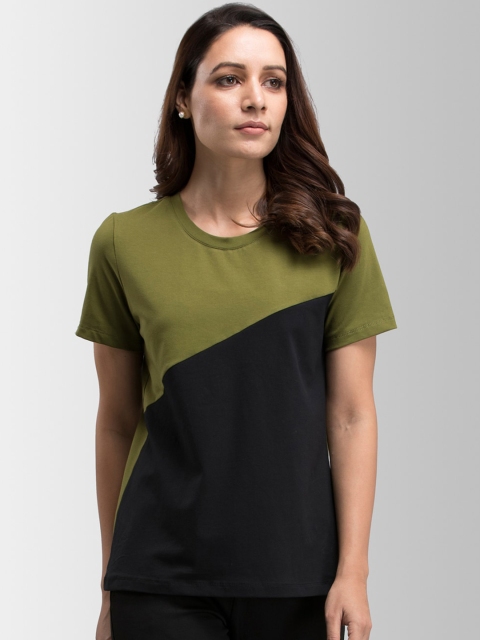 

FableStreet Women Black & Olive Green Colourblocked Round Neck T-shirt