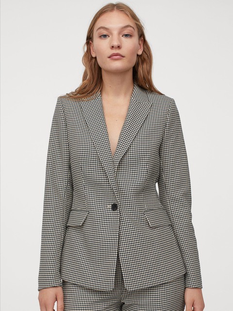 

H&M Women Green & Beige Checked Fitted Jacket