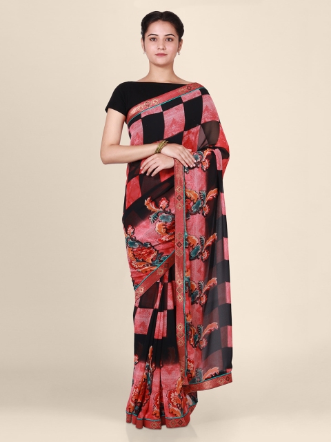 

CLAI WORLD Pink & Black Poly Georgette Checked Saree