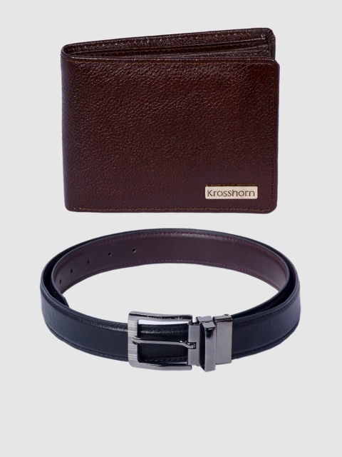 

Krosshorn Men Brown & Black Leather Accessory Gift Set