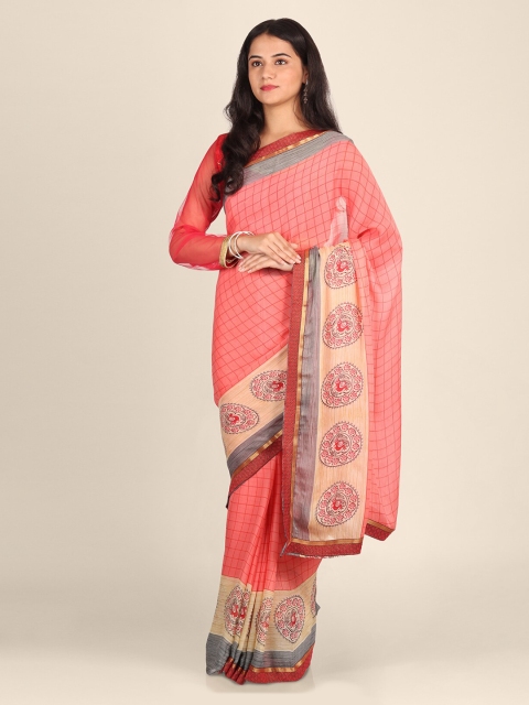 

CLAI WORLD Pink & Grey Poly Georgette Checked Saree