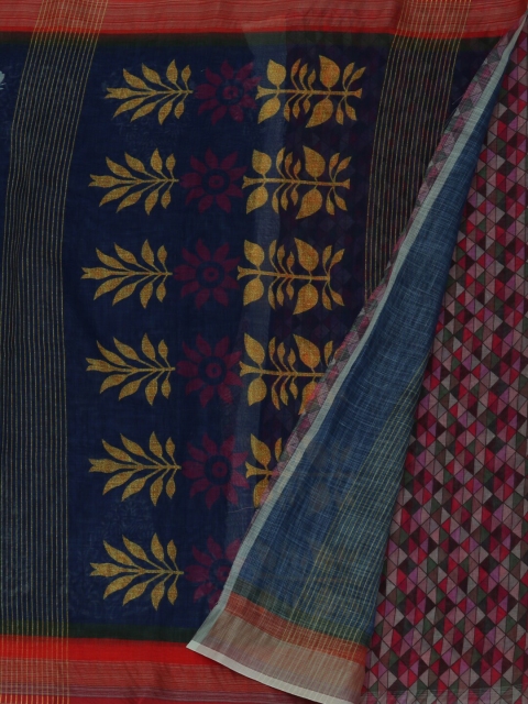 

Pothys Blue & Red Linen Blend Printed Saree