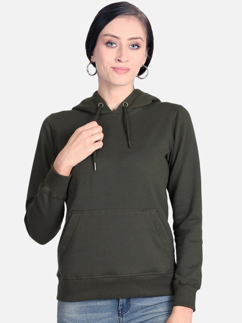 Free Authority Women Olive Green Solid Hooded Sweatshirt