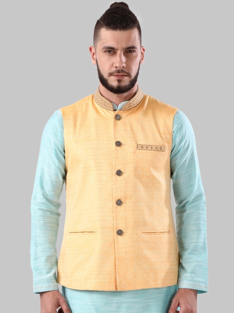 

Ethnix by Raymond Men Yellow Woven Design Pure Cotton Nehru Jacket