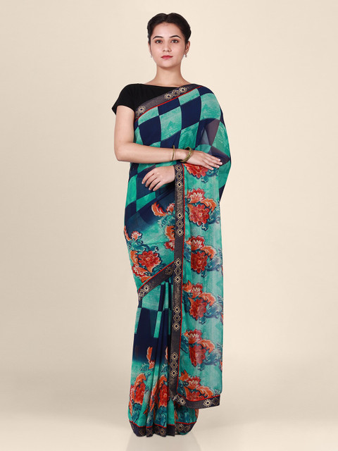 

CLAI WORLD Blue & Orange Poly Georgette Checked Saree