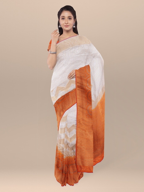 

KLM Fashion Mall Cream-Coloured & Orange Silk Blend Woven Design Saree