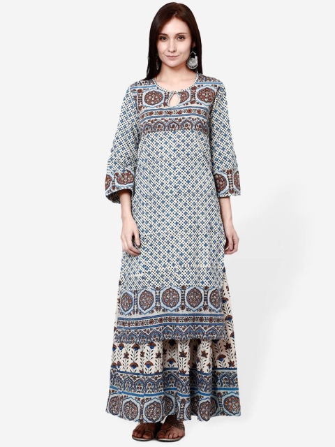 

Molcha Women Off-White & Blue Woven Design A-Line Kurta