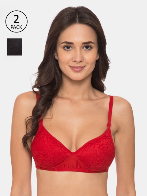 

KOMLI Pack of 2 Solid Non-Wired Lightly Padded T-shirt Bra K-9621, Red