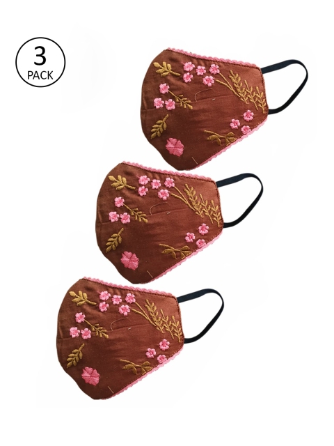

nestroots unisex Pack of 3 Brown Embroidered 2-Ply Anti-Pollution Reusable Cloth Masks