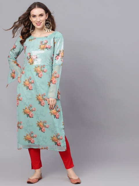 

AKS Couture Women Green & Pink Printed Straight Kurta