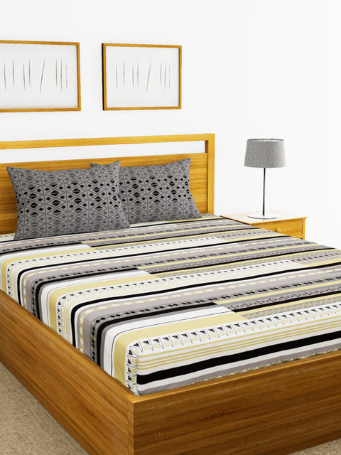 

BIANCA Grey & Beige Geometric 144 TC Cotton 1 Extra Large Bedsheet with 2 Pillow Covers