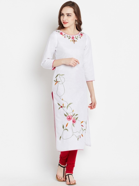 

AgrohA Women White & Pink Embroidered Straight Kurta