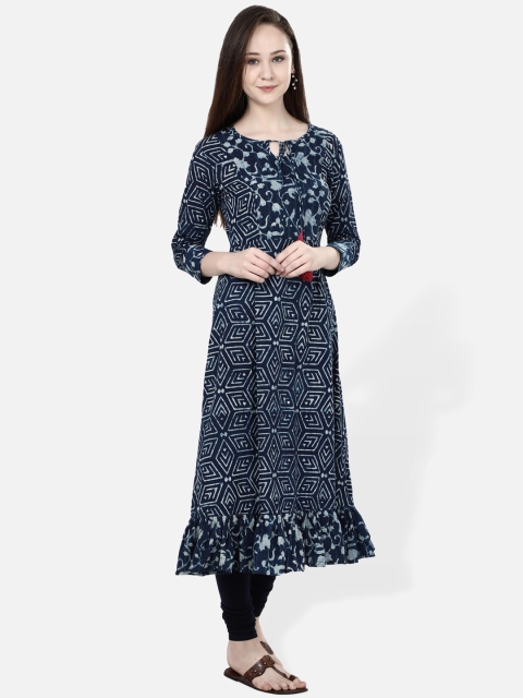 

Molcha Women Blue & White Block Print Anarkali Kurta