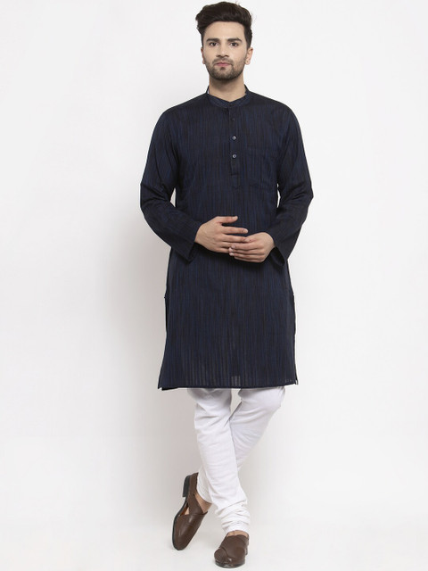 

NEUDIS Men Navy Blue & Black Woven Design Kurta with Churidar