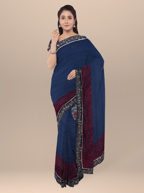 

KLM Fashion Mall Blue Embroidered Silk Blend Saree