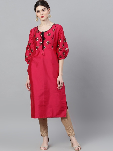 

AKS Couture Women Magenta & Black Floral Embroidered Straight Kurta