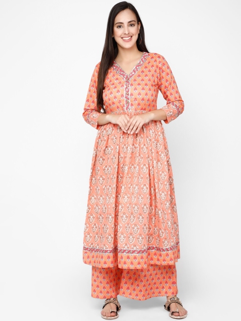 

Molcha Women Peach-Coloured & Red Printed Kurta with Pyjamas