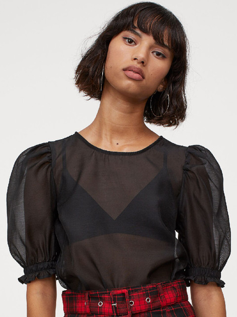 

H&M Women Black Puff-Sleeved Blouse