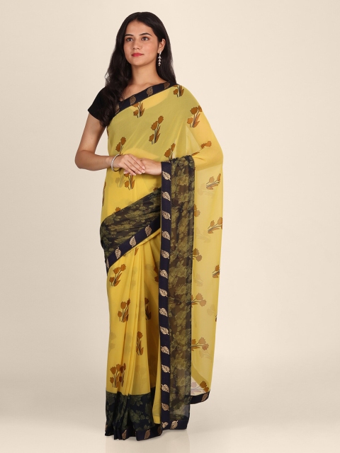 

CLAI WORLD Yellow & Navy Blue Poly Georgette Floral Printed Handloom Saree
