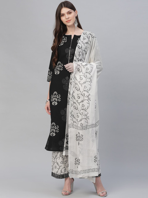 

Libas Women Black & White Embroidered Kurti with Sharara & Dupatta