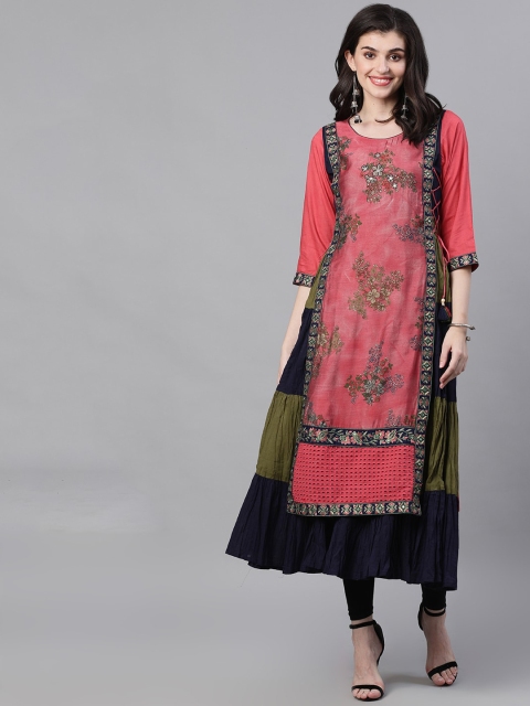 

Ishin Women Pink & Blue Embroidered A-Line Kurta