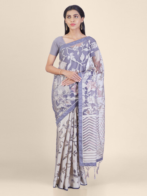 

Hastakala Grey & Off-White Satin Woven Design Saree
