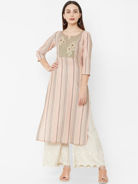 

Os Women Beige & Pink Embroidered A-Line Kurta