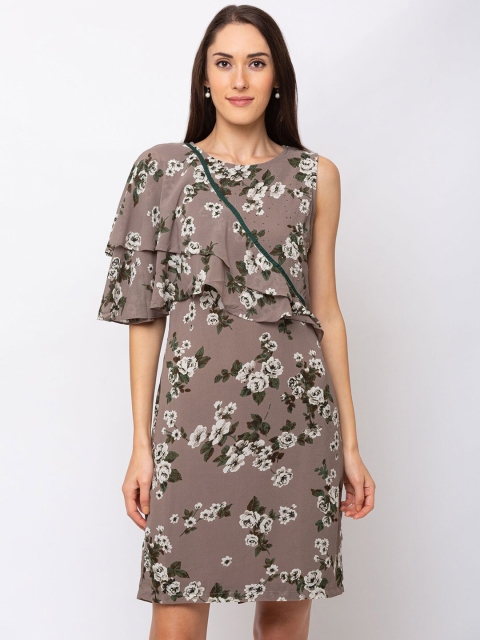 

SHECZZAR Women Taupe Floral Printed Fit and Flare Dress