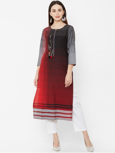 Os Women Red & Black Striped Straight Kurta
