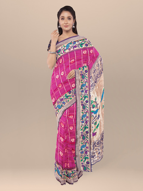 

KLM Fashion Mall Pink & Blue Silk Blend Woven Design Saree