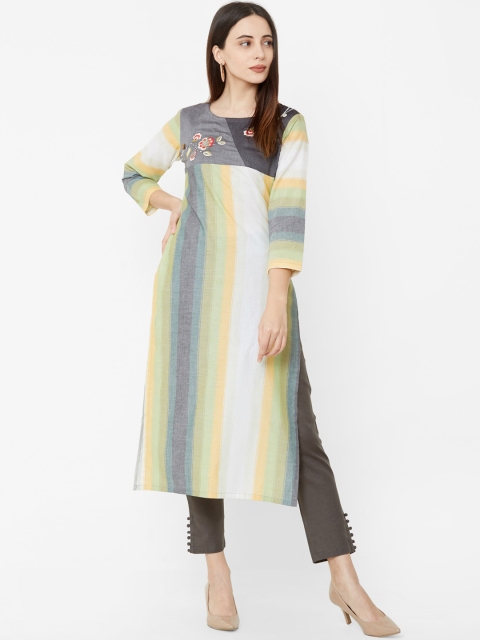 

Os Women White & Yellow Striped Straight Kurta