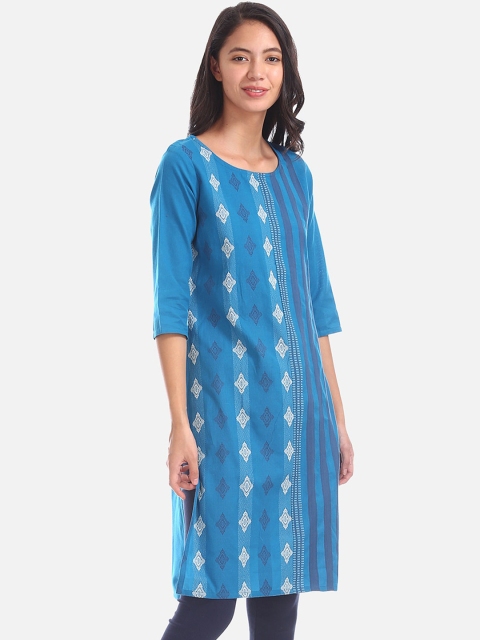 

Karigari Women Blue & White Printed Straight Kurta