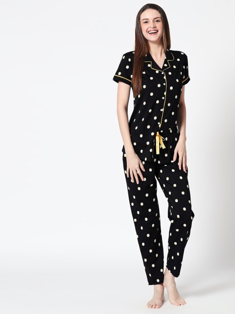

Zeyo Women Black & White Polka Dot Printed Night suit