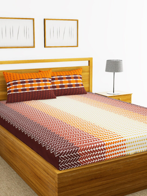 

BIANCA Brown & Cream-Coloured Abstract 144 TC Cotton 1 Extra Large Bedsheet with 2 Pillow Covers