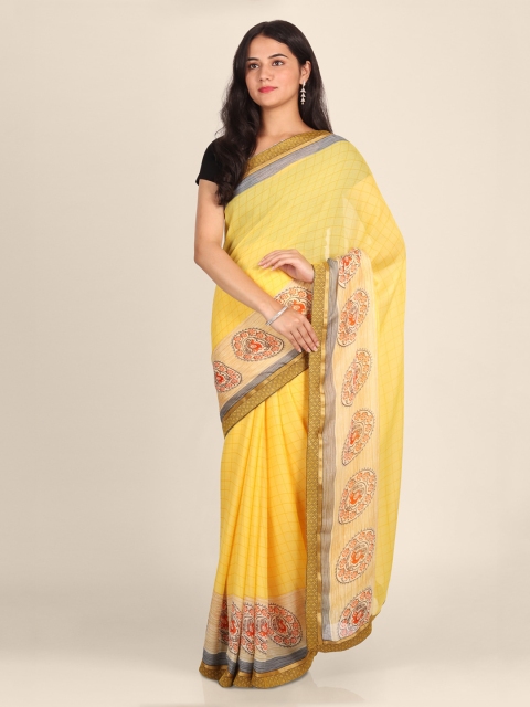 

CLAI WORLD Yellow Checked Handloom Poly Georgette Saree