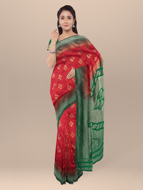 

KLM Fashion Mall Red & Green Silk Blend Printed Saree