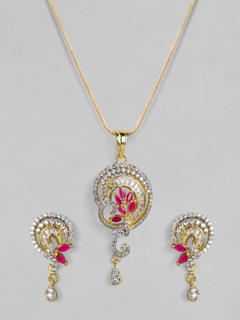 

Rubans Gold-Plated Pink & White CZ-Studded Handcrafted Paisley Shape Pendant Set