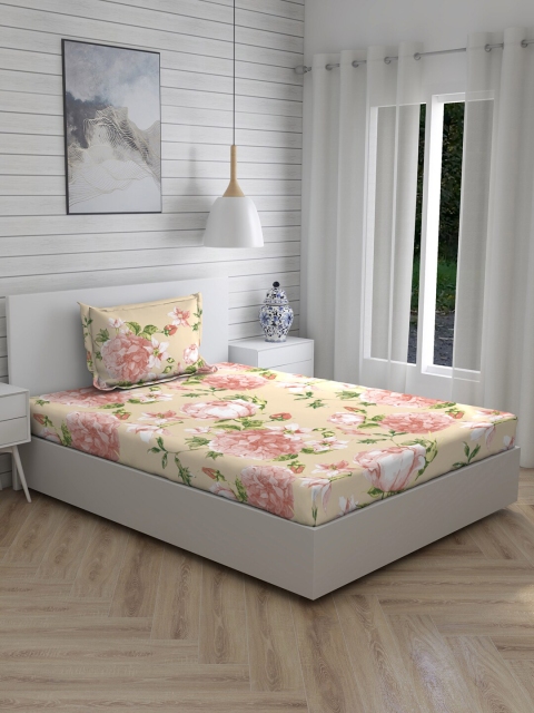 Layers Beige Floral 104 TC Cotton 1 Single Bedsheet with 1 Pillow Cover