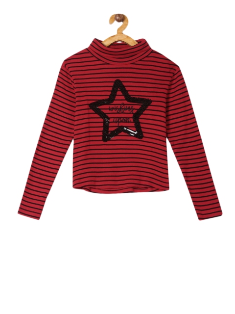 

Cherokee Girls Red Black Striped Turtle Neck Pure Cotton T-shirt