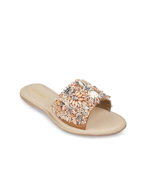 

SOLE HEAD Women Peach-Coloured & White Embellished Open Toe Flats