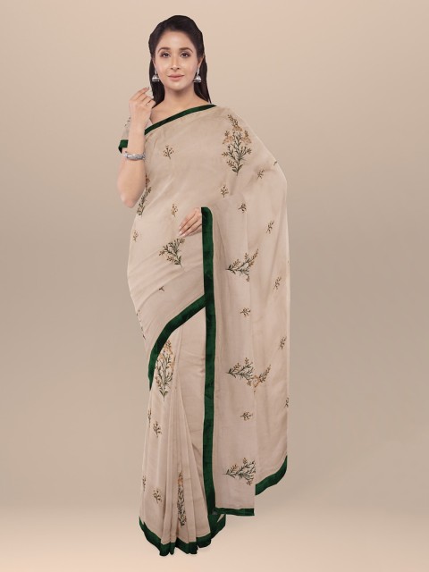 

KLM Fashion Mall Cream-Coloured Embroidered Silk Blend Saree